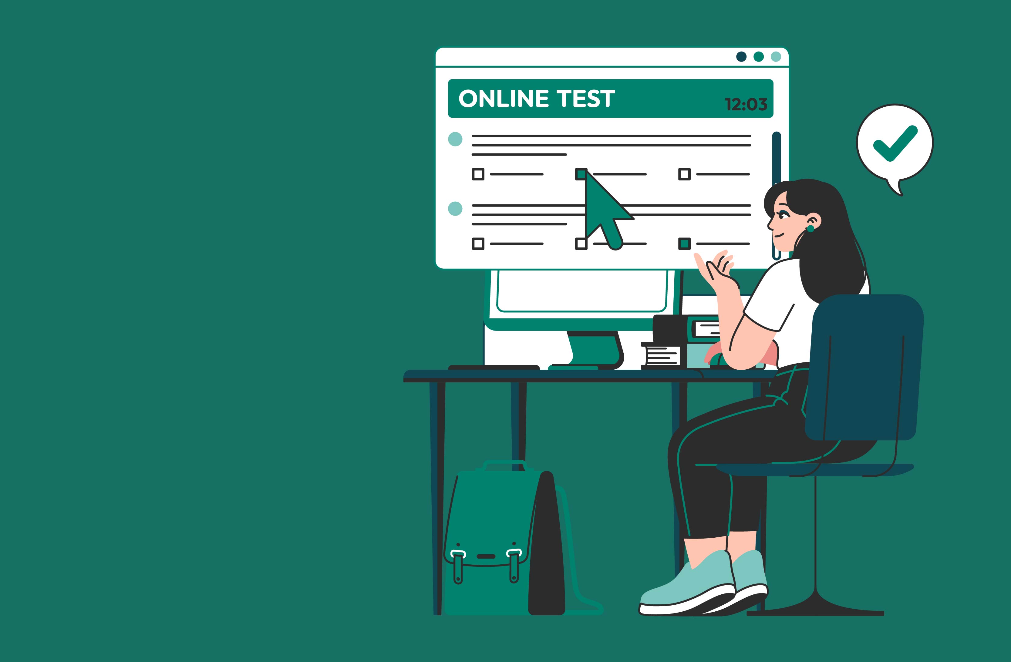 Illustration of a secure online assessment platform with remote test-taking, real-time monitoring, and digital exam tools.
